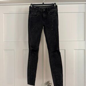 American Eagle Black Embroidered Skinny Jeans Size 0 Long